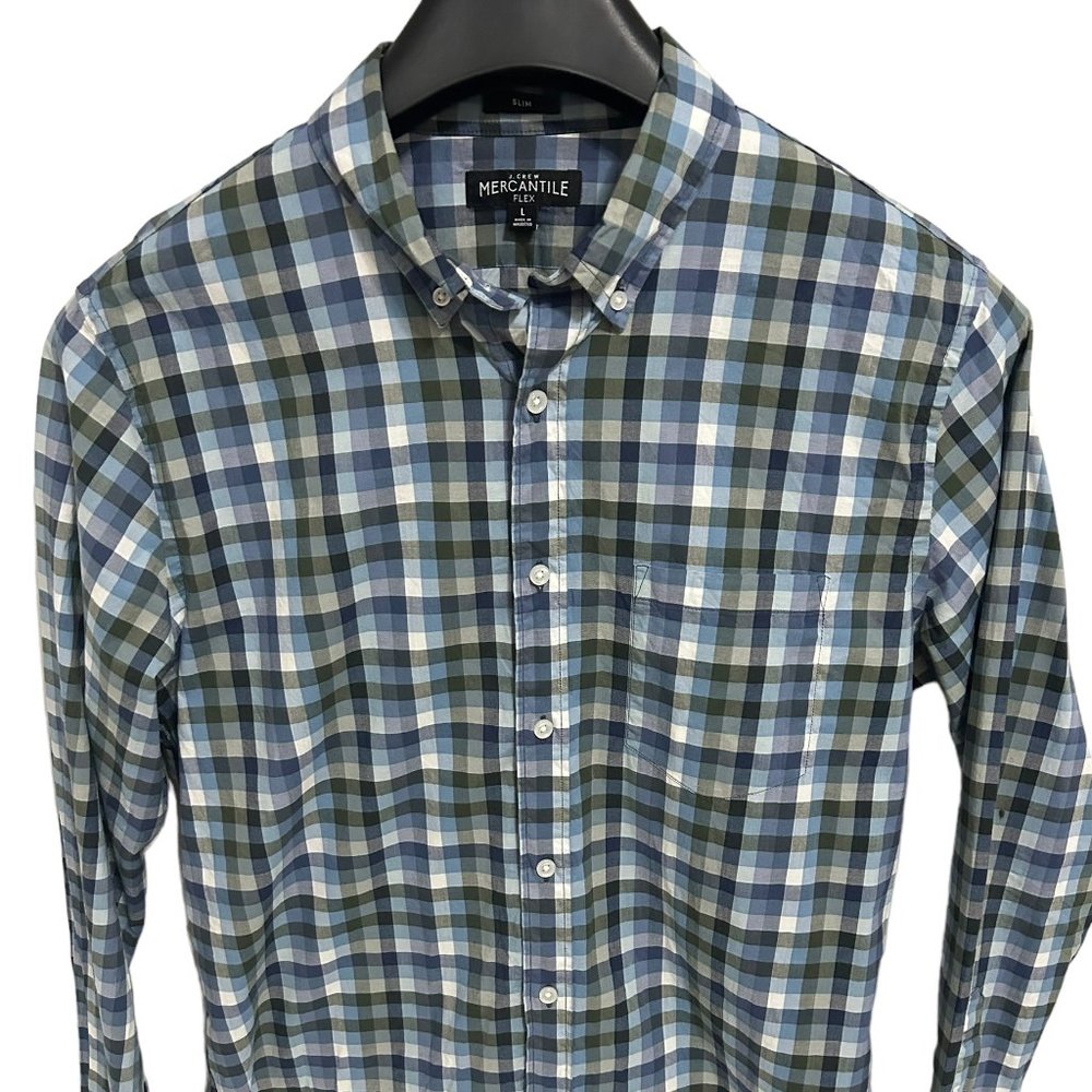 J Crew Mercantile Flex Button Down Shirt Blue Colorful Check Long Sleeve Large